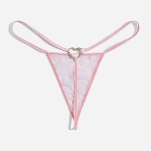 Pink Heart Rhinestone Lingerie Mesh Thong